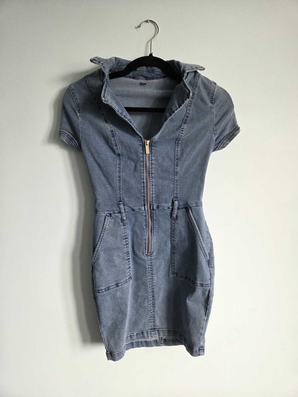 Guess Light Blue Denim Short-Sleeve Zip-Front Mini Dress